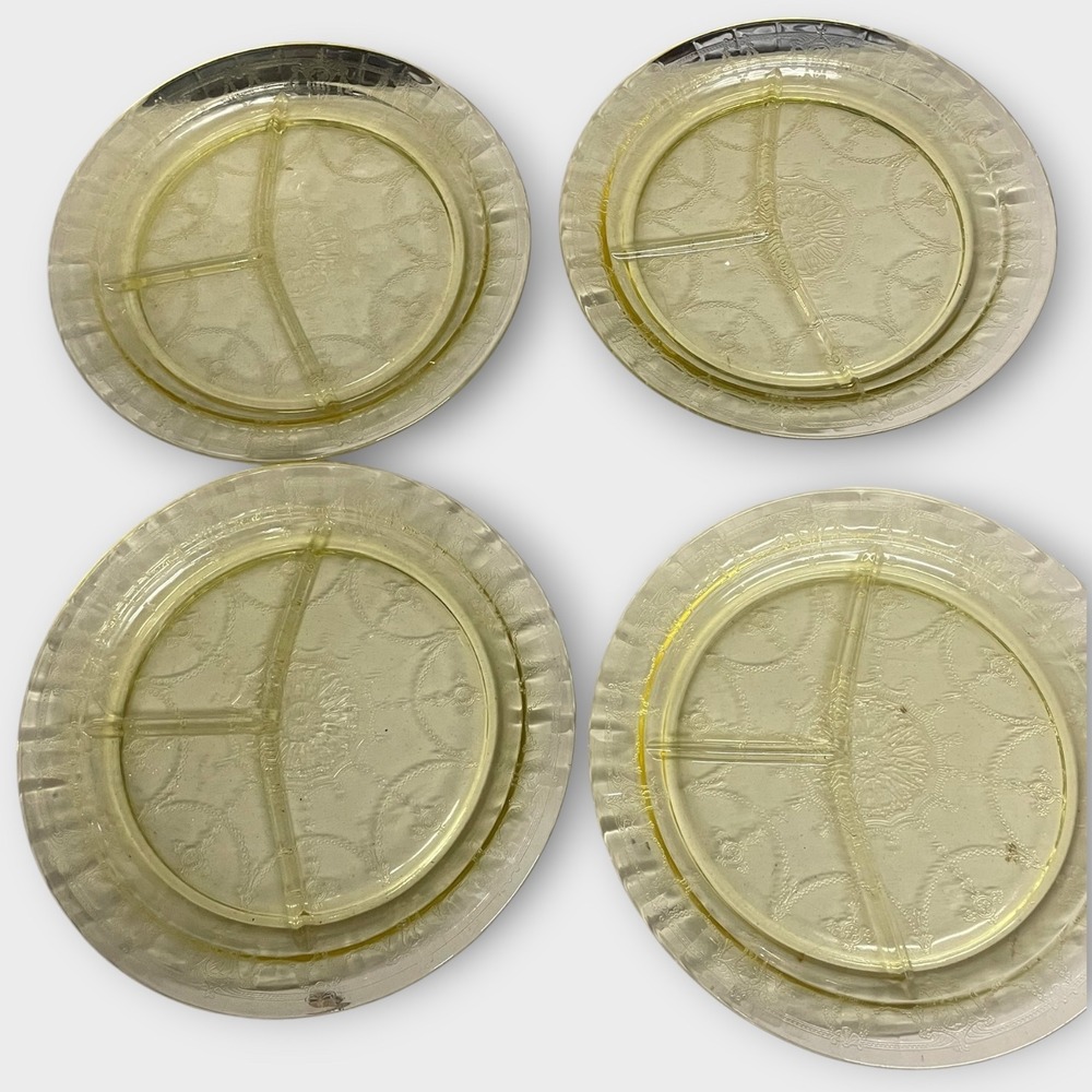 Vintage Anchor Hocking Yellow Cameo Depression Glass‎ Divided Plates Set of 4
